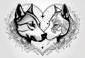 Sun and moon face romantic kiss or hug
With a pawprint pathway going to 2 cat and pitbull dog face surrounded with intergalactic Stars and infinite love bond tattoo idea