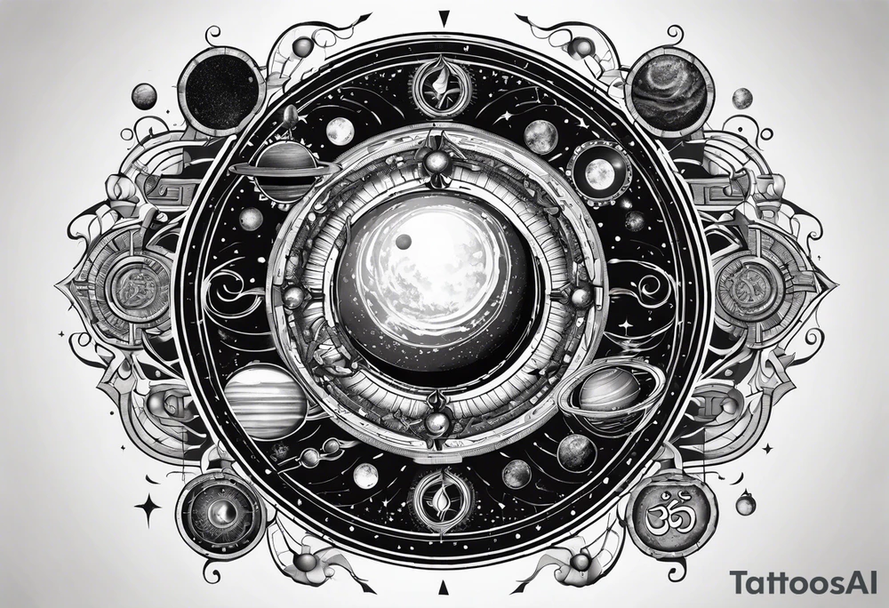 elements of nature and engineering in solar system with OM symbol in center tattoo idea