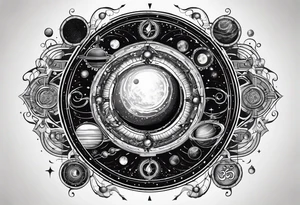 elements of nature and engineering in solar system with OM symbol in center tattoo idea