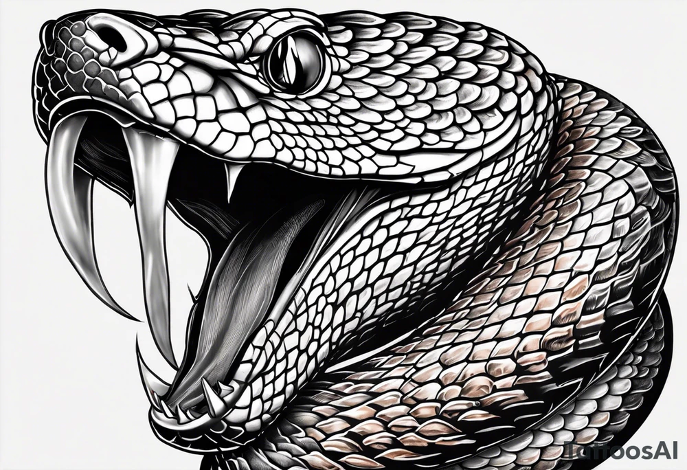 Copperhead with just the head turned up and mouth open, two fangs, black and white drawing with copper colored eye tattoo idea