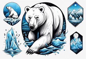 arm tattoo of weather and a little musclar polar bear and ice berg and some nature make colors primary black and white with a little blue tattoo idea