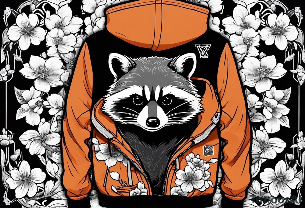 Raccoon wearing a white Superman logo on a black hoodie and orange Japanese cherry blossoms beside tattoo idea