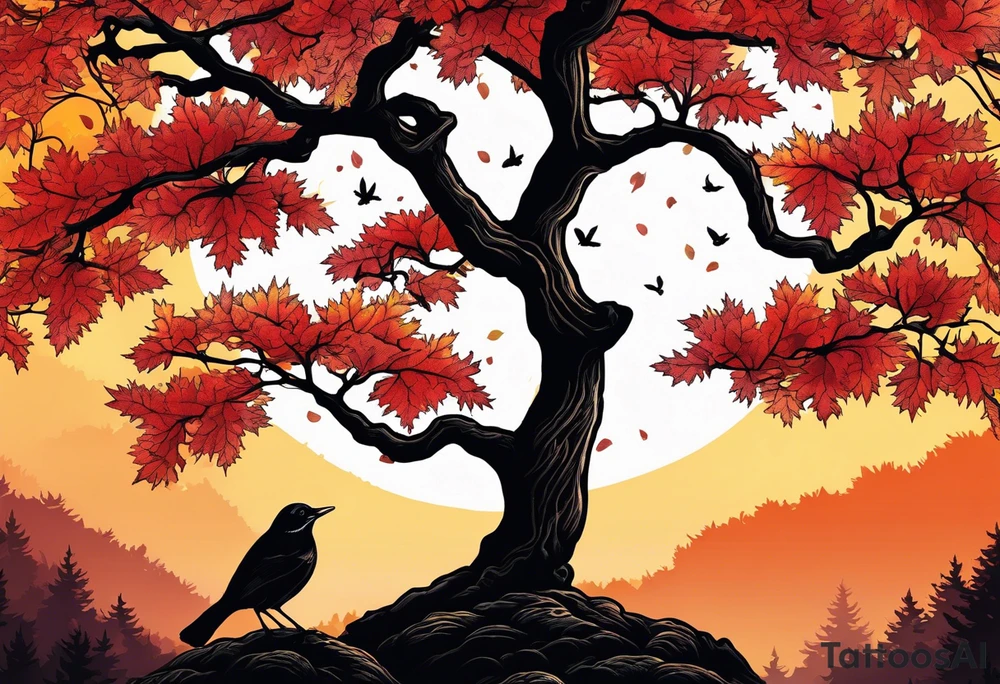 Hikae. A maple tree with red autumn leaves that branches upwards. White-throated dipper bird on the trees branches. Calluna flowers at the base of the trees stem. Tree stem has dark colors. Red/yellow sunset behind the trees stem. Leaves falling. tattoo idea