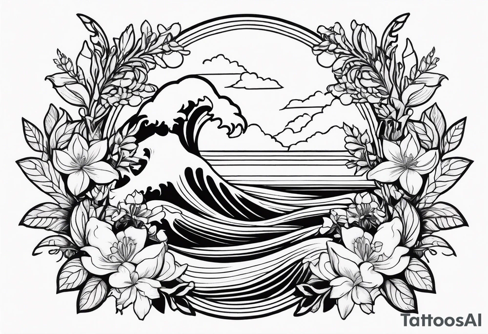 ocean wave surrounded by lupin and fireweed vines tattoo idea