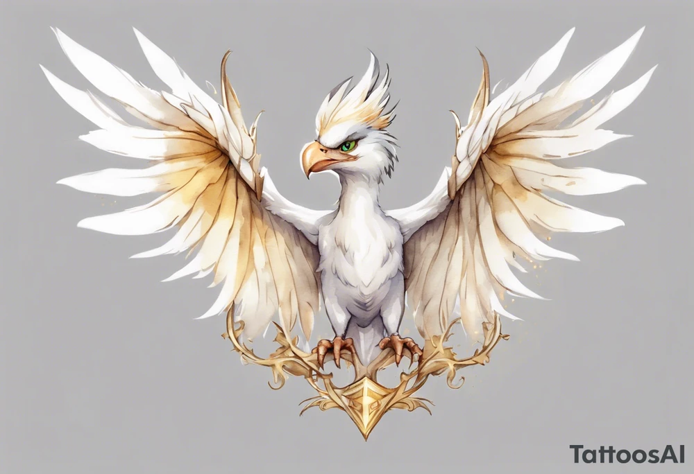 a watercolor of a white bird-wyvern hybrid wearing a plain crown, with light gold wing feathers tattoo idea