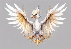 a watercolor of a white bird-wyvern hybrid wearing a plain crown, with light gold wing feathers tattoo idea