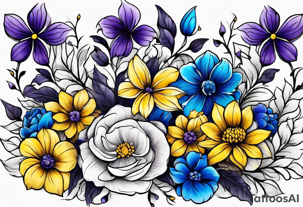 Blue yellow and purple flowers arm sleeve tattoo idea