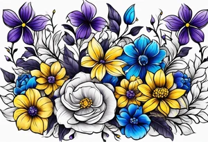 Blue yellow and purple flowers arm sleeve tattoo idea