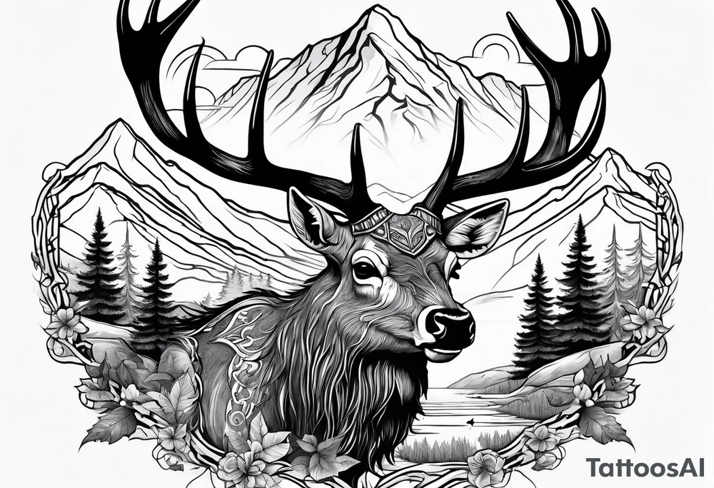 elk skull with mountains and trees
with a stream and birds overhead tattoo idea