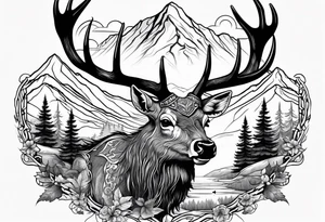 elk skull with mountains and trees
with a stream and birds overhead tattoo idea