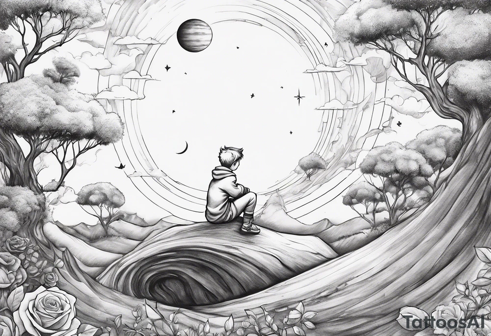 The Little prince sitting on his planet toghether with the fox on his planet besides his rose. Both are watching into the sky tattoo idea