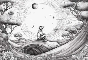 The Little prince sitting on his planet toghether with the fox on his planet besides his rose. Both are watching into the sky tattoo idea