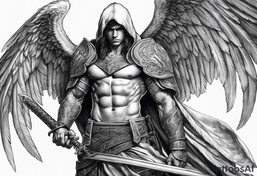 Arch angel hood fighting sword male full body heavenly tattoo idea