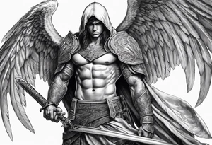 Arch angel hood fighting sword male full body heavenly tattoo idea