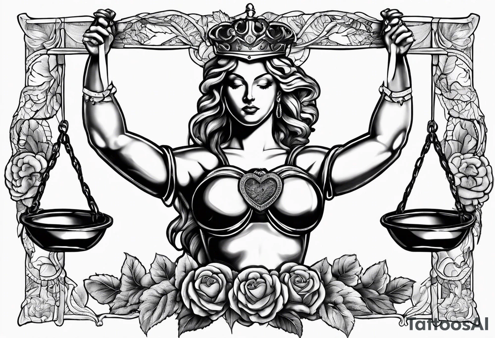 Scales of justice with brain and anatomical heart in the scales tattoo idea