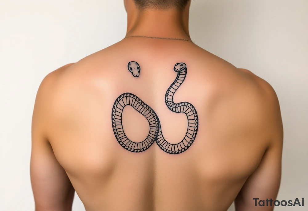 Id like a back tattoo with two snakes.  The illustration should be minimal with "skin-break."  I'd like the tails to be intertwined to accentuate my upper buttocks/upper butt crack, and Id like the snakes to moving upwards to the upper back, with the heads stopping just under my shoulder blades.  Almost like a "V shape" but very organic, like a symmetrical winding road.  Id like the tattoo to be sexy and accentuate my back to make my waist look small.  Black and white. Minimal.  Fine line. Please use a male body type. tattoo idea