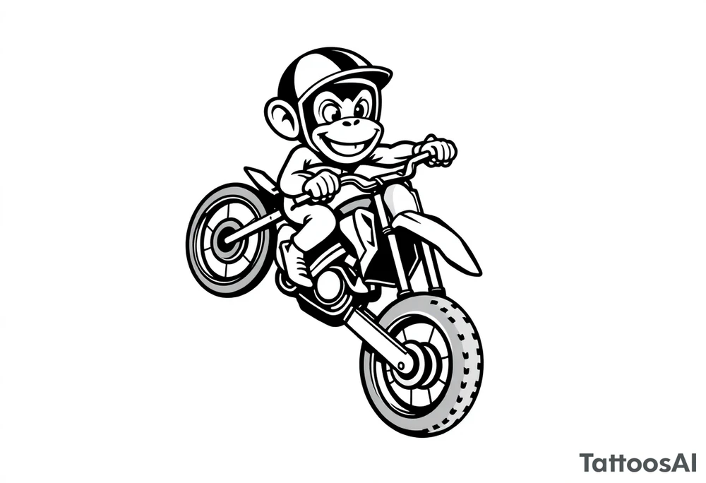 Cartoon monkey with helmet on a dirtbike doing a wheelie tattoo idea