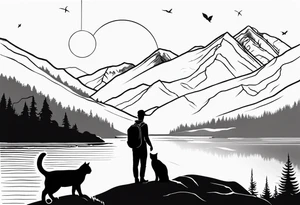 Man waking up trail with cat on side of him, Black Forest and mountains behind with lake tattoo idea