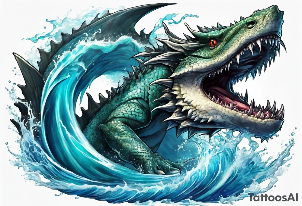 A water dragon with attributes of a great white shark tattoo idea