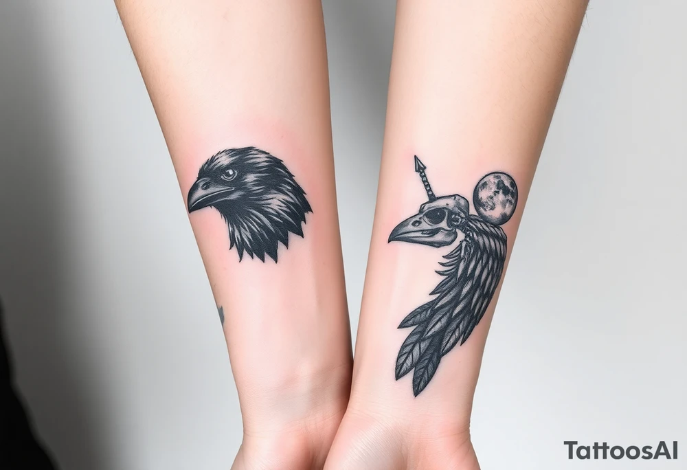 Double forearm tattoo with one normal crow head and the other forearm with a skeleton of a crows head. Each arm having feathers not attached to crows and a moon joining in the middle of both forearms tattoo idea