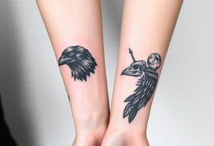 Double forearm tattoo with one normal crow head and the other forearm with a skeleton of a crows head. Each arm having feathers not attached to crows and a moon joining in the middle of both forearms tattoo idea