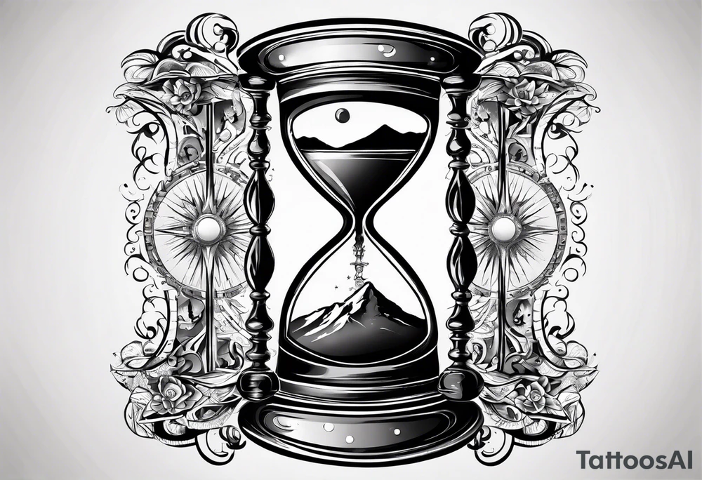 I want a tattoo-inspired design for a t-shirt that features a bold and detailed hourglass with astronomy tattoo idea