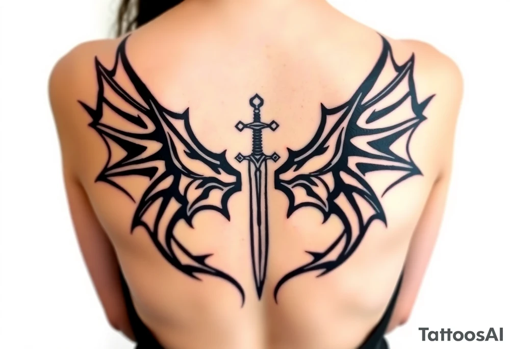 Dragon wings with sword in middle tattoo idea