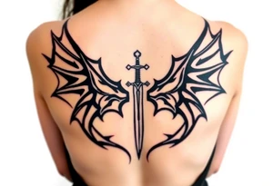 Dragon wings with sword in middle tattoo idea