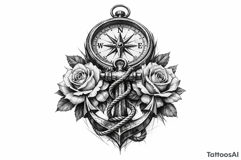 a compass under it an anchor and roses. tattoo idea