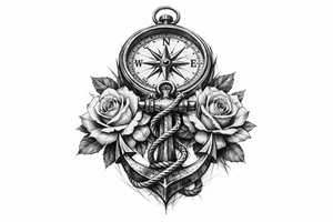 a compass under it an anchor and roses. tattoo idea