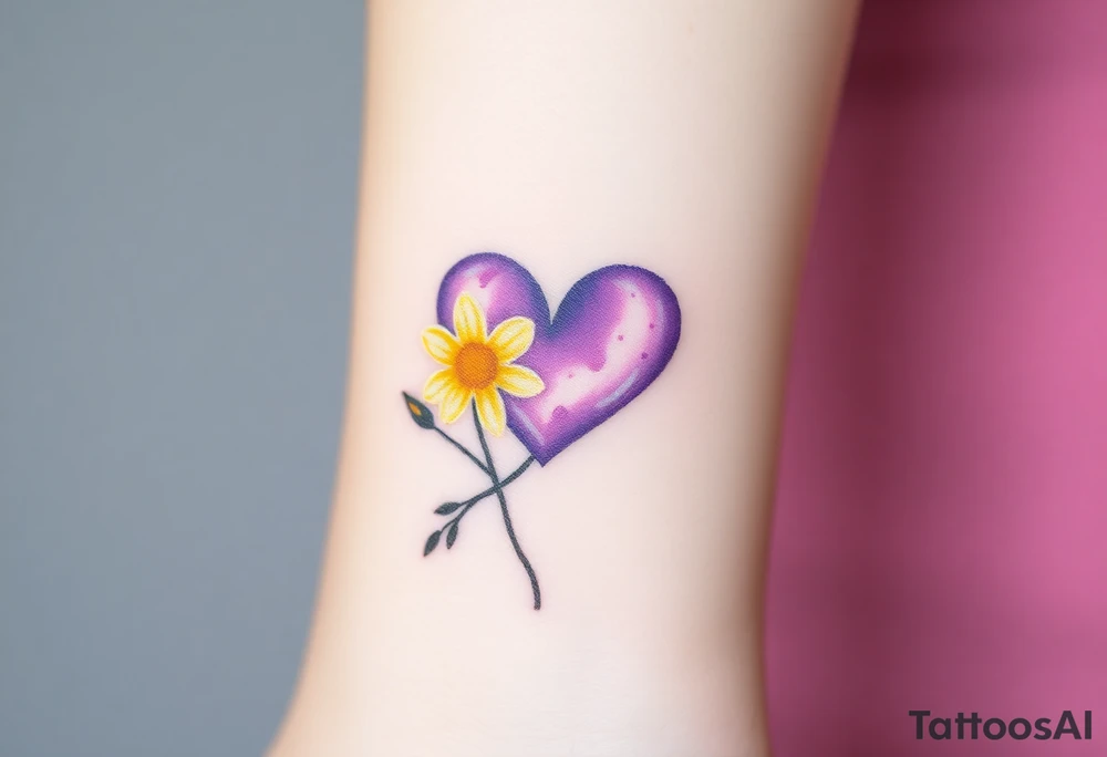 Small Purple Heart & yellow Daisy flower tattoo idea