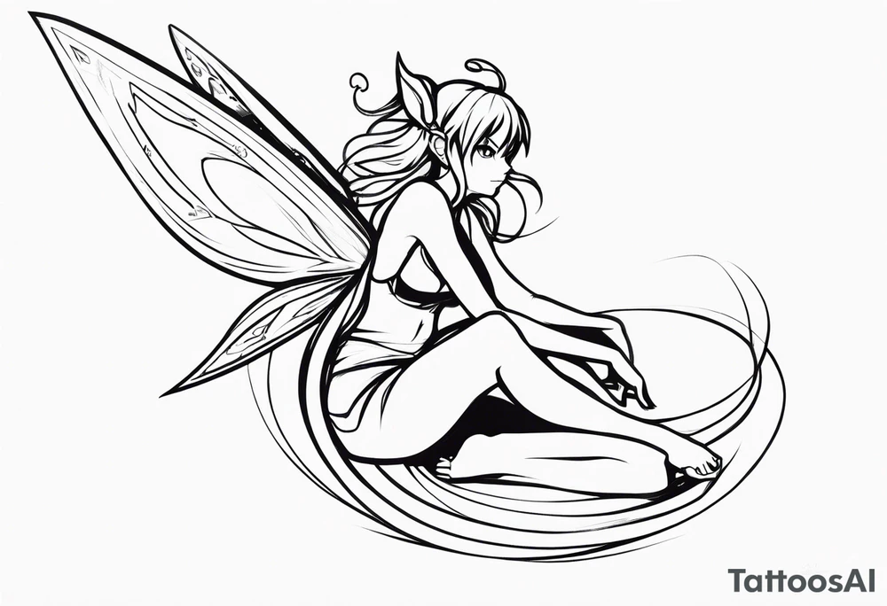 No color sketch of a fairy with a tail inspired by the guild symbol in the anime show called Fairy Tail in a fetal position leaning forward while crawled in and her body is an angle while floating in the air with big wings tattoo idea