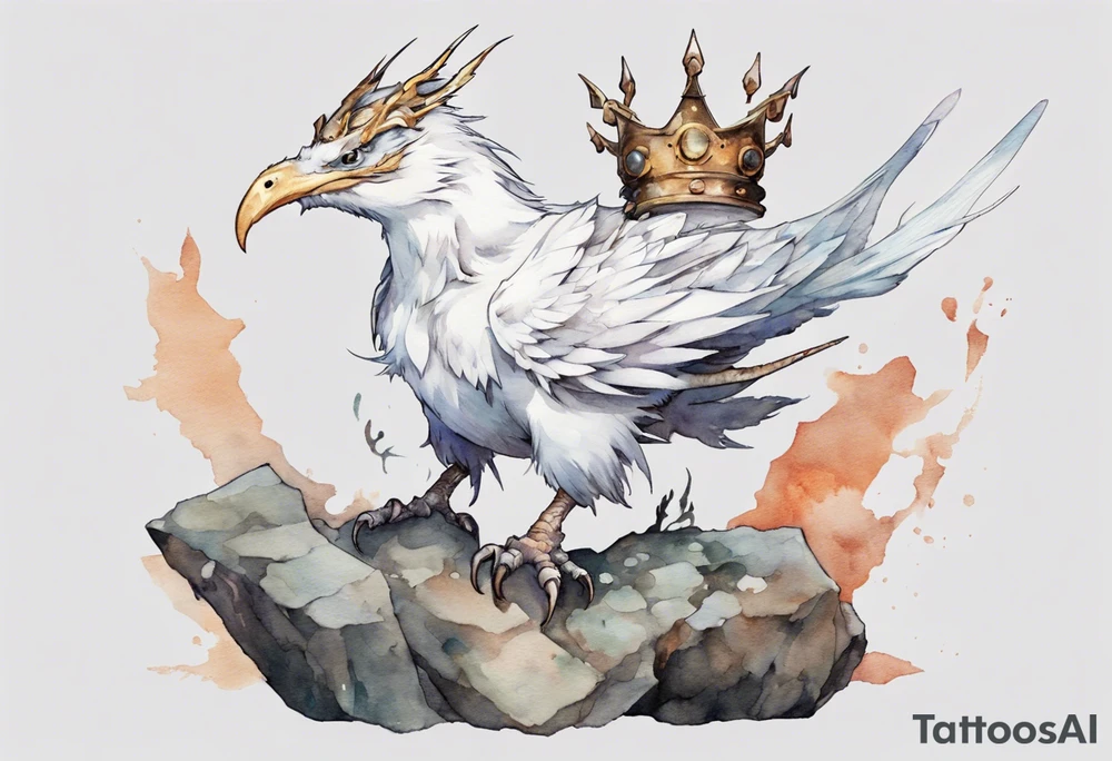 a white bird-wyvern hybrid, wearing a iron crown, perched on a stone tattoo idea