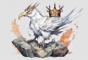 a white bird-wyvern hybrid, wearing a iron crown, perched on a stone tattoo idea