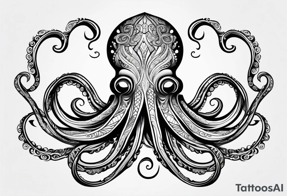 Hawaii tribal octopus with thick lines, less detail, and water waves tattoo idea