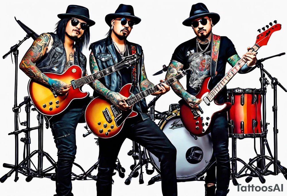 Just 4 fun band with guitar and drums three guys and one lady singer tattoo idea