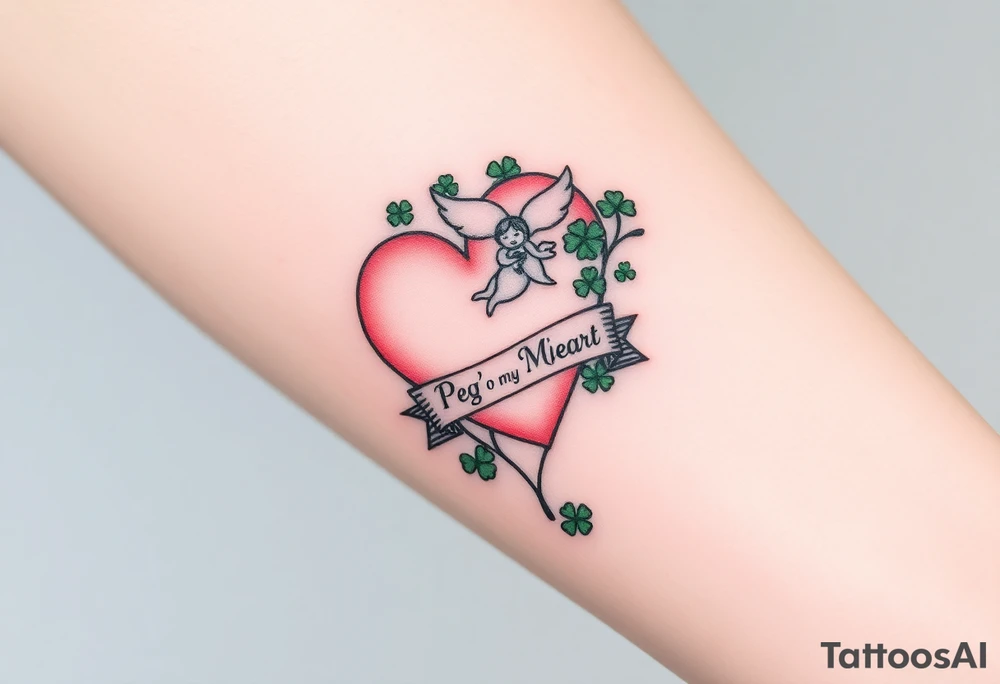 a big pale pink heart and a cartoon angel in a bunch of green shamrocks, a banner across the heart that says Peg 'o My Heart tattoo idea