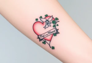 a big pale pink heart and a cartoon angel in a bunch of green shamrocks, a banner across the heart that says Peg 'o My Heart tattoo idea