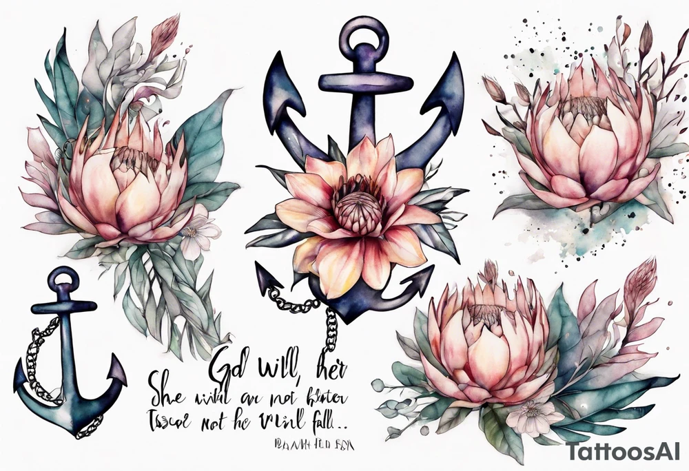 Very feminine tattoo of an anchor and protea flowers and the verse: God is within her, she will not fall. tattoo idea