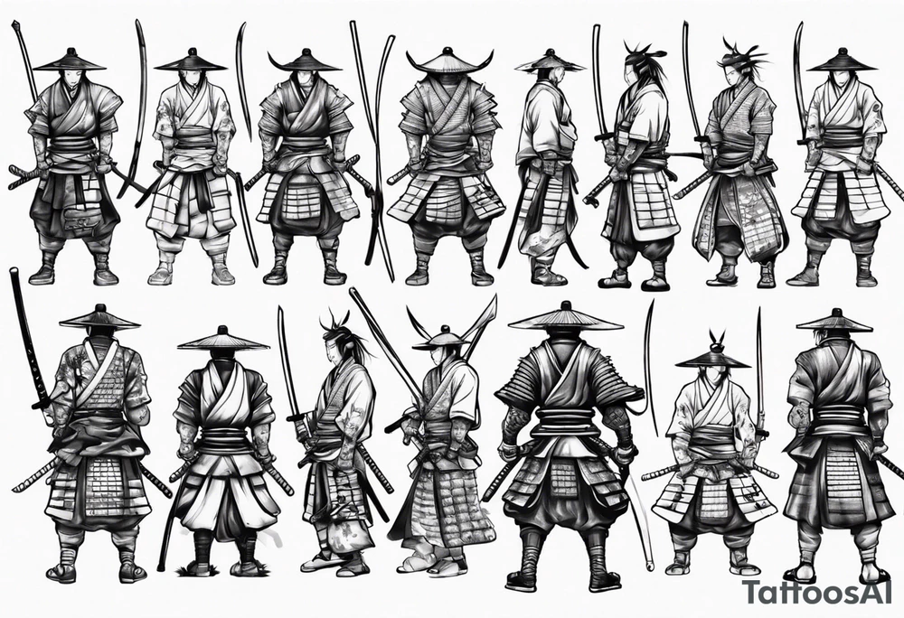 Samurai standing with his back among swords tattoo idea