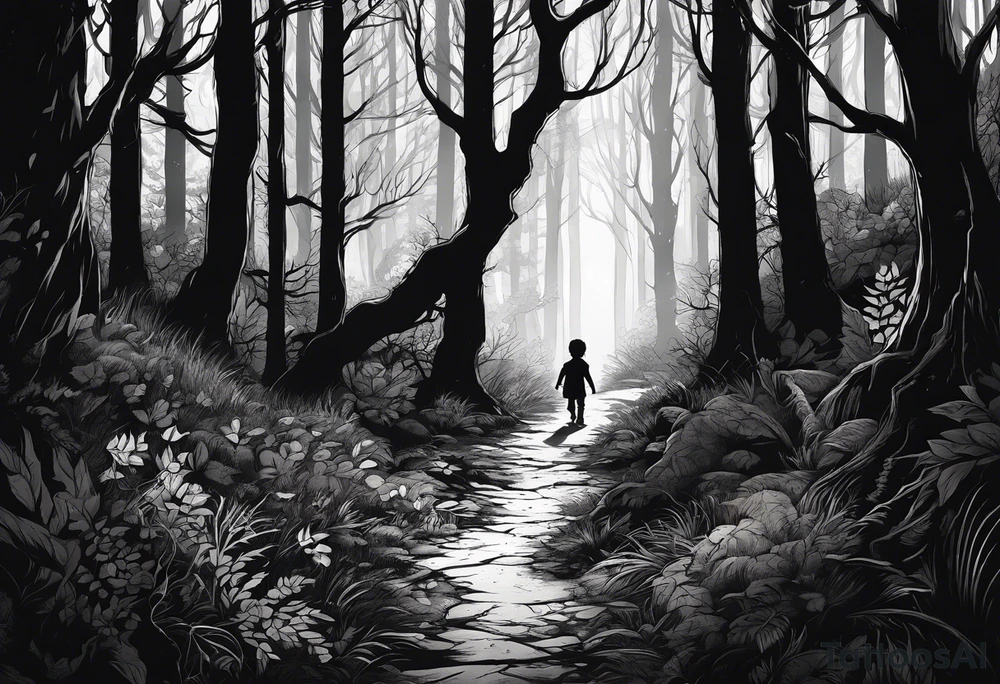 A silhouette of a young child walking through a dark, evil forest tattoo idea