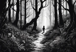 A silhouette of a young child walking through a dark, evil forest tattoo idea