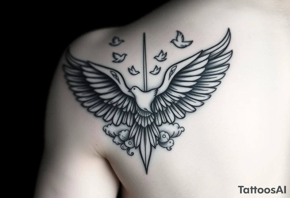 Tattoo is going to be on the left forearm and be a sleeve spreading out to my hand and a little on the fingers. 
Tattoo will be all black 
Theme is memorial 
Center pieces will be angle wings 
There will be clouds filling in the empty space and religious can be added into it also there will be doves moving into the clouds with a beacon of light reflecting moving onto heaven the amount of doves will be 6 flying into the sky Main dove will be my grandma who passed on April 13, 2023 tattoo idea