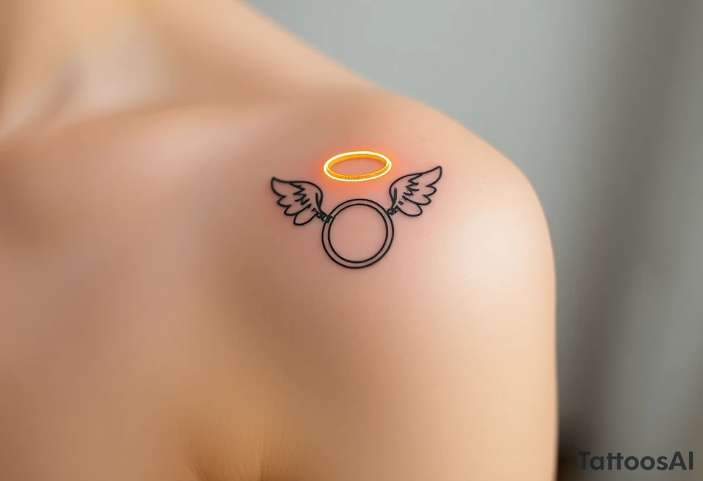 A golden wedding band floating within an angelic halo, glowing softly. tattoo idea