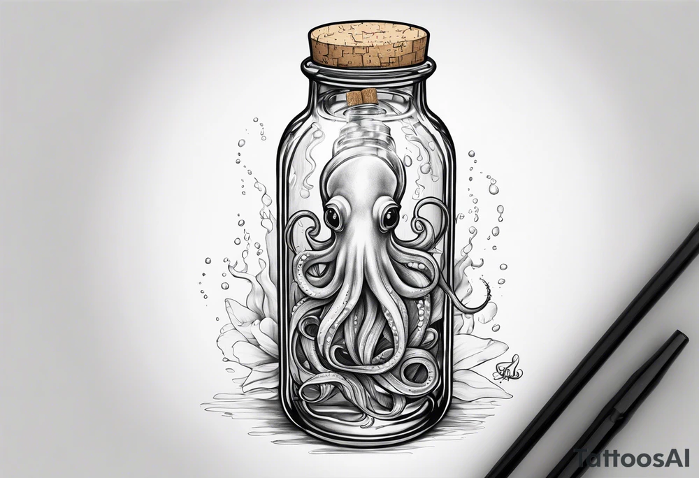 A squid trapped in a bottle with a cork tattoo idea