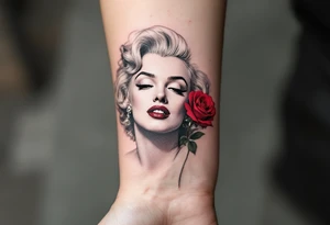 Black and grey Marilyn with a single red rose tucked behind her ear. tattoo idea
