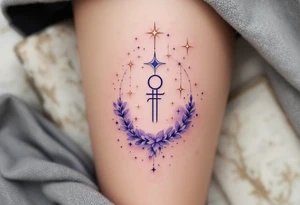Rose gold stars connect the Libra constellation above a floating Libra symbol in soft violet. tattoo idea