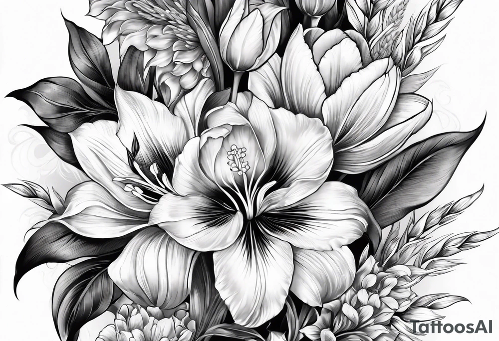 Vertical floral arm sleeve with wheat and dragonflower and florals and tulips lilly tattoo idea