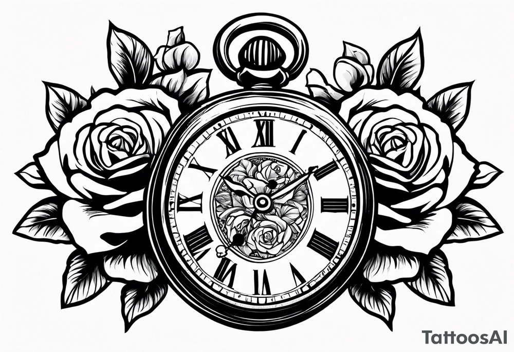 Pocket watch with chain and roses tattoo idea