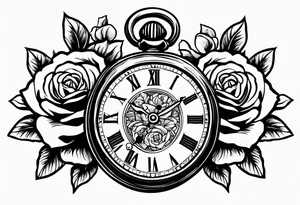 Pocket watch with chain and roses tattoo idea